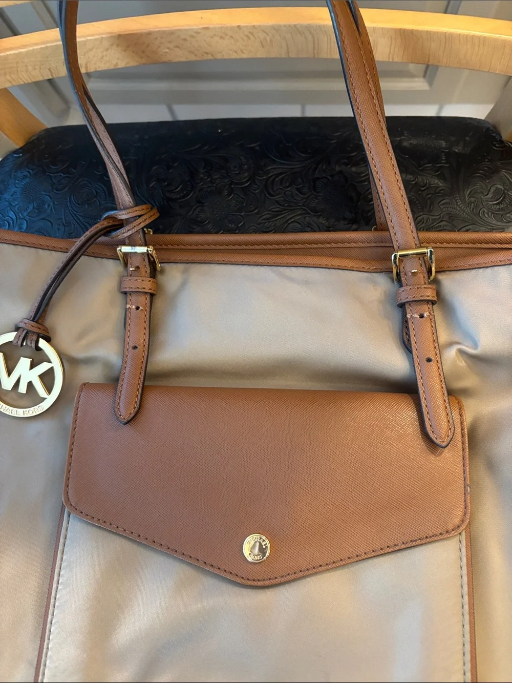 Michael Kors Taupe and Brown Leather-Trim Tote - Picture 5 of 6